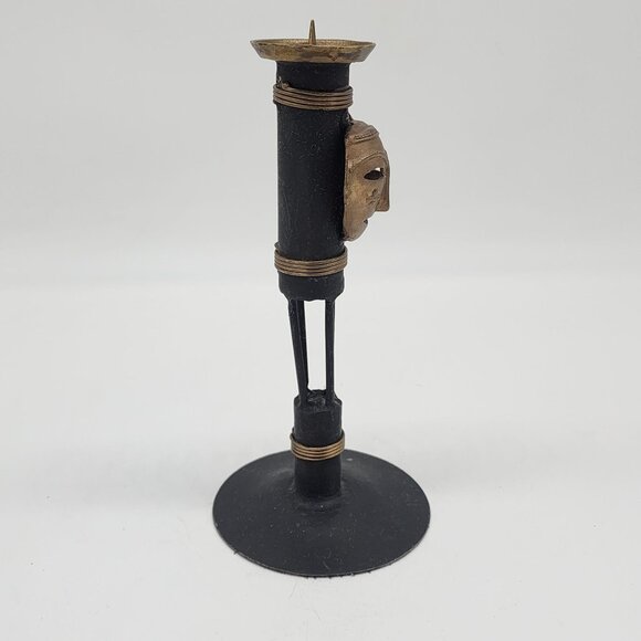 Handcrafted African Tribal Mask Inspired Metal Candle Holder Brass Metal 9" - Picture 4 of 8